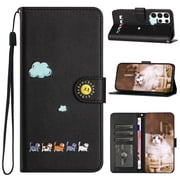 Phone Case for Samsung Galaxy S23 Ultra, Folding Faux Leather Cute Animal Pattern Wallet Flip Cover with Card Holder & Wrist Strap, Magnetic Closure Shockproof Kickstand Phone Case - Black