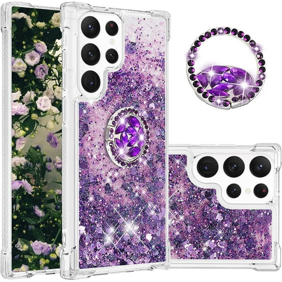Phone Case for Samsung Galaxy S23 Ultra, Shockproof Clear Quicksand Glitter Flowing Liquid with Bling Diamond Ring Stand,Cute Women Girls Case for Galaxy S23 Ultra 6.8'' LS - Purple