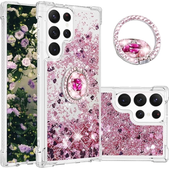 Phone Case for Samsung Galaxy S23 Ultra, Shockproof Clear Quicksand Glitter Flowing Liquid with Bling Diamond Ring Stand,Cute Women Girls Case for Galaxy S23 Ultra 6.8'' LS - Rose Gold