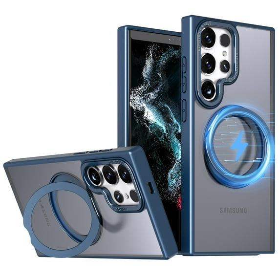 Phone Case for Samsung Galaxy S23 Ultra Strengthened Magnetic Ring Stand Translucent Back Cover Compatible with Magsafe, Military-Grade Shockproof Anti-fall Protection Case for Men Women,Blue