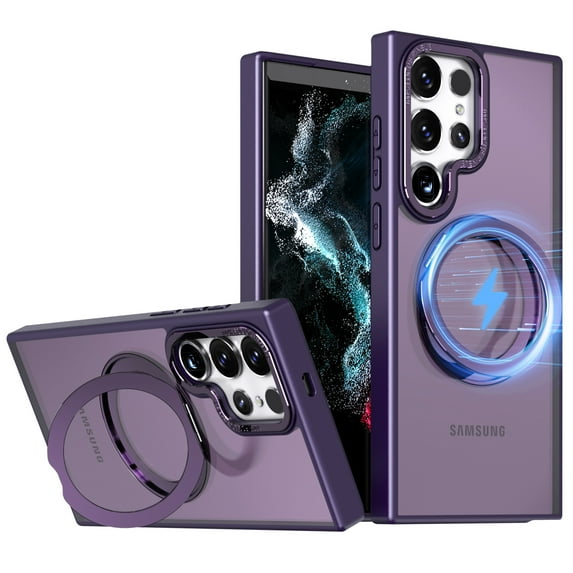 Phone Case for Samsung Galaxy S23 Ultra Strengthened Magnetic Ring Stand Translucent Back Cover Compatible with Magsafe, Military-Grade Shockproof Anti-fall Protection Case for Men Women,Purple