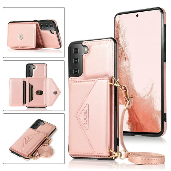 Phone Case for Samsung Galaxy S23 Wallet Cover with Wrist Crossbody Strap Lanyard Credit Shoulder Card Holder Slot Stand Leather Back Magnetic Flip Cell Accessories S23, Rosegold
