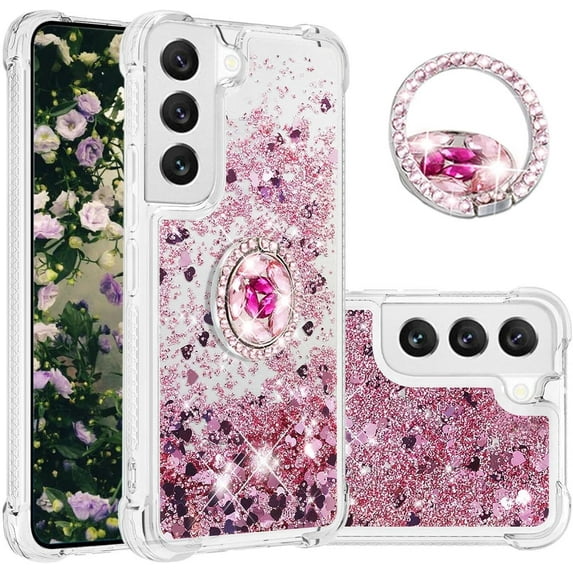 Phone Case for Samsung Galaxy S23 for Women, Clear Quicksand Glitter Flowing Liquid with Bling Diamond Ring Stand,Cute Women Girls Case for Samsung Galaxy S23 6.1'' LS - Rose Gold
