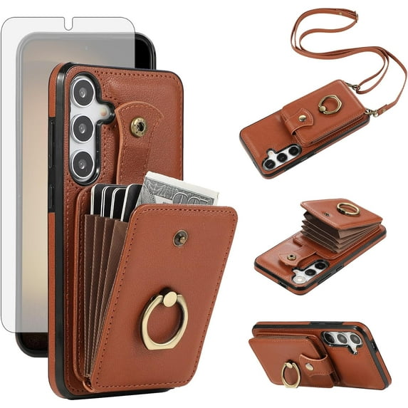 Phone Case for Samsung Galaxy S24 5G Wallet Cell Cover with Screen Protector and Crossbody Strap Ring Stand RFID Credit Card Holder Kickstand Leather S 24 24S GS24 G5 Women Girls Brown