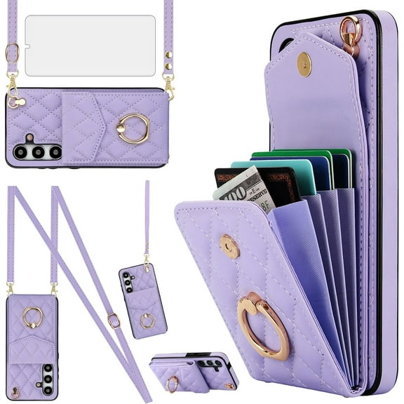 Phone Case for Samsung Galaxy S24 5G Wallet Cover with Tempered Glass Screen Protector and Crossbody Wrist Strap Ring RFID Blocking Card Holder Leather Cell S 24 24S GS24 G5 Women Girls Purple