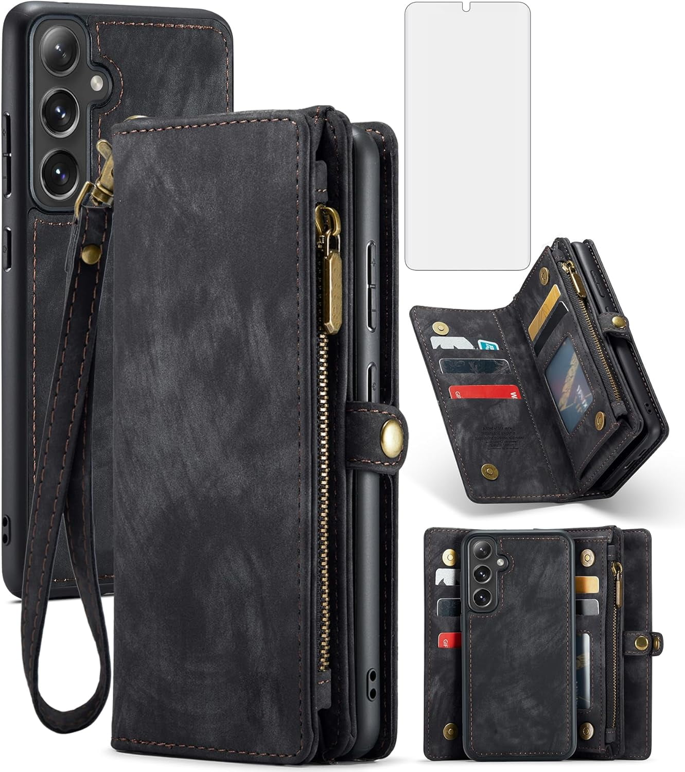 Phone Case for Samsung Galaxy S24 5G Zipper Wallet Detachable Cover with Tempered Glass Screen Protector and Leather Flip Credit Card Holder Cell Accessories S 24 24S GS24 G5 Women Men Black