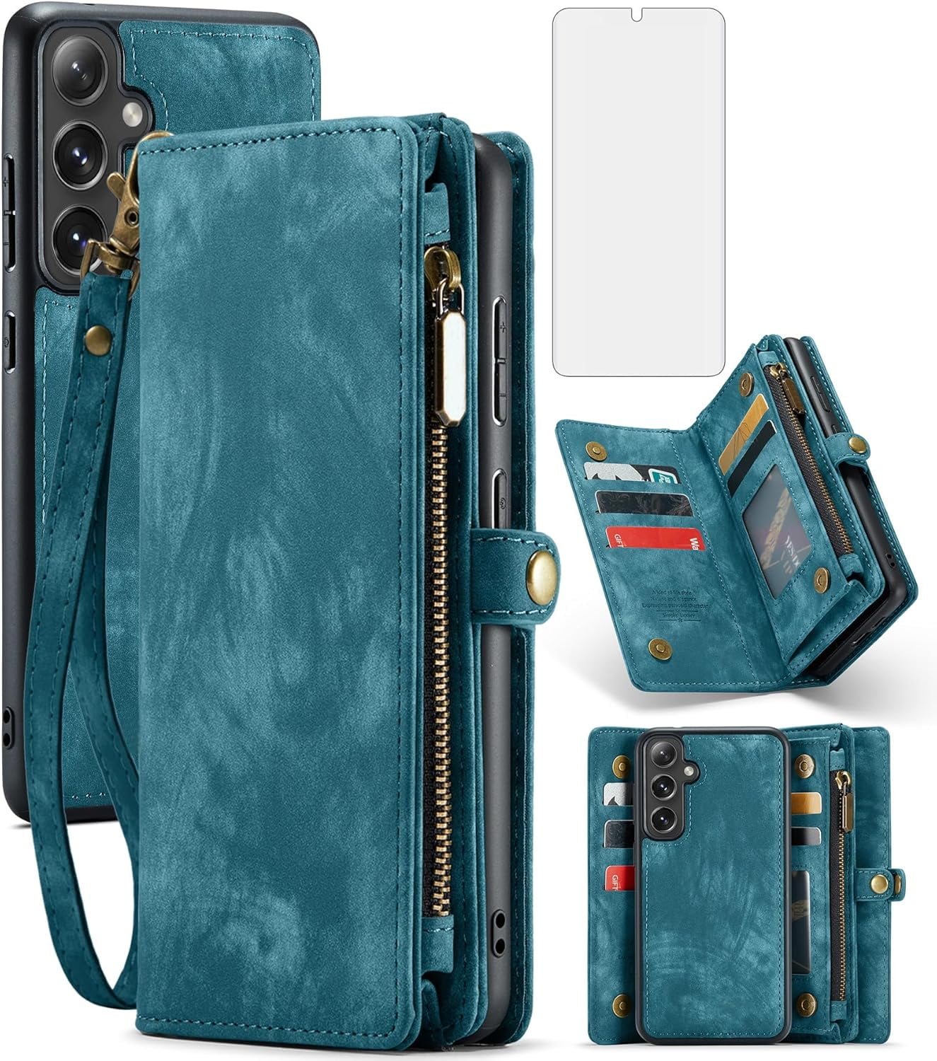 Phone Case for Samsung Galaxy S24 5G Zipper Wallet Detachable Cover with Tempered Glass Screen Protector and Leather Flip Credit Card Holder Cell Accessories S 24 24S GS24 G5 Women Men Blue