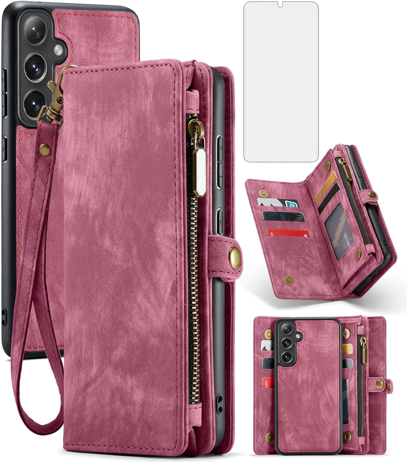 Phone Case for Samsung Galaxy S24 5G Zipper Wallet Detachable Cover with Tempered Glass Screen Protector and Leather Flip Credit Card Holder Cell Accessories S 24 24S GS24 G5 Women Men Red