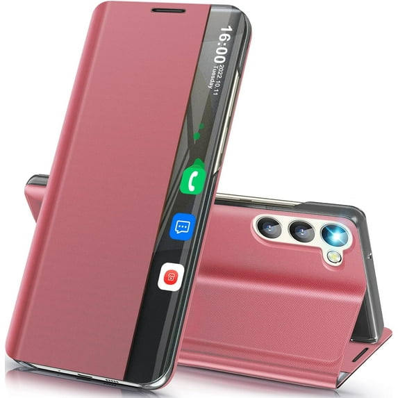 Phone Case for Samsung Galaxy S24 Case, Smart Clear View Window Luxury Slim Mirror for Galaxy S24 Case with Kickstand, Leather Hard PC Flip Shockproof Protective Cover Samsung S24 5G Case (Pink)