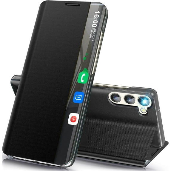 Phone Case for Samsung Galaxy S24 Case, Smart Clear View Window Luxury Slim Mirror for Galaxy S24 Case with Kickstand, Leather Hard PC Flip Shockproof Protective Cover Samsung S24 5G Case (Black)
