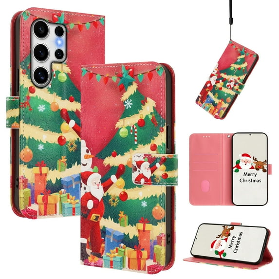 Phone Case for Samsung Galaxy S24 FE, Luxury Christmas Pattern Card Slots Cash Pocket Magnetic Clasp Full Body Protection Shockproof Kickstand Wallet Flip Case with Wrist Strap for S24 FE, F