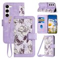 thumbnail image 1 of Phone Case for Samsung Galaxy S24 FE Wallet Cover with Crossbody & Wrist Strap, Elegant PU Leather Flip Flower Pattern Kickstand Credit Card Holder Phone Case Cover for Galaxy S24 FE, Purple, 1 of 9