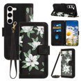 thumbnail image 1 of Phone Case for Samsung Galaxy S24 FE Wallet Cover with Crossbody & Wrist Strap, Elegant PU Leather Flip Flower Pattern Kickstand Credit Card Holder Phone Case Cover for Galaxy S24 FE, Black, 1 of 9