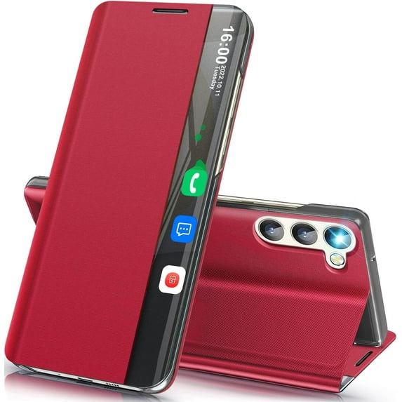 Phone Case for Samsung Galaxy S24 Plus Case, Smart Clear View Luxury Mirror for S24 Plus Case with Kickstand, Leather Flip Shockproof Protective Cover Samsung S24 5G Plus Case (Red)