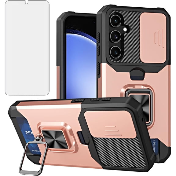 Phone Case for Samsung Galaxy S24 Plus S24+ 5G with Slide Camera Cover and Tempered Glass Screen Protector Card Holder Ring Stand Cell Accessories S24plus 24S + S 24 24+ Women Men Rose Gold