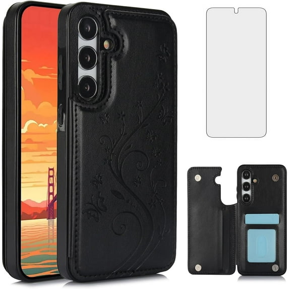 Phone Case for Samsung Galaxy S24 Plus S24+ 5G with Tempered Glass Screen Protector Card Holder Wallet Cover Stand Flip Leather Cell Accessories S24plus 24S + S 24 24+ 2024, 6.7 inch Women Men Black