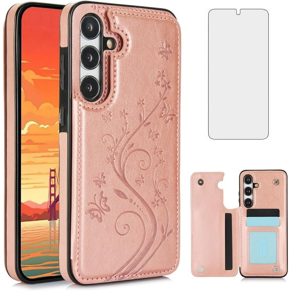 Phone Case for Samsung Galaxy S24 Plus S24+ 5G with Tempered Glass Screen Protector Card Holder Wallet Cover Stand Flip Leather Cell Accessories S24plus 24S + S 24 24+ 2024, 6.7 inch Women Men Purple