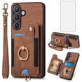 thumbnail image 1 of Phone Case for Samsung Galaxy S24 Plus S24+ 5G Wallet Cell Cover with Tempered Glass Screen Protector Slim Lanyard Wrist Strap RFID Ring Stand Credit Card Holder Slot S24Plus 24S + S 24 24+ Brown, 1 of 10