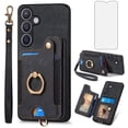 thumbnail image 1 of Phone Case for Samsung Galaxy S24 Plus S24+ 5G Wallet Cell Cover with Tempered Glass Screen Protector Slim Lanyard Wrist Strap RFID Ring Stand Credit Card Holder Slot S24Plus 24S + S 24 24+ Black, 1 of 10