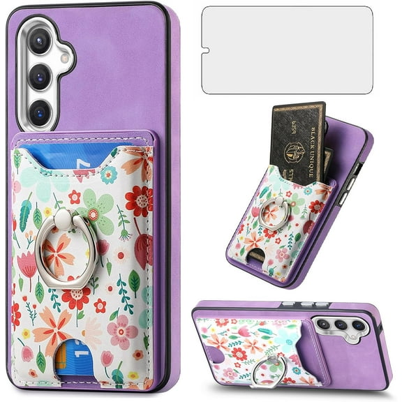 Phone Case for Samsung Galaxy S24 Plus S24+ 5G Wallet Cell Cover with Tempered Glass Screen Protector Slim Ring Stand Credit Card Holder Slot S24plus 24S + S 24 24+ Women Girls Boys Men Purple