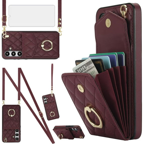 Phone Case for Samsung Galaxy S24 Plus S24+ 5G Wallet Cover with Tempered Glass Screen Protector and Wrist Strap Ring RFID Blocking Card Holder Stand Cell S24plus 24S + S 24 24+ Women Wine Red