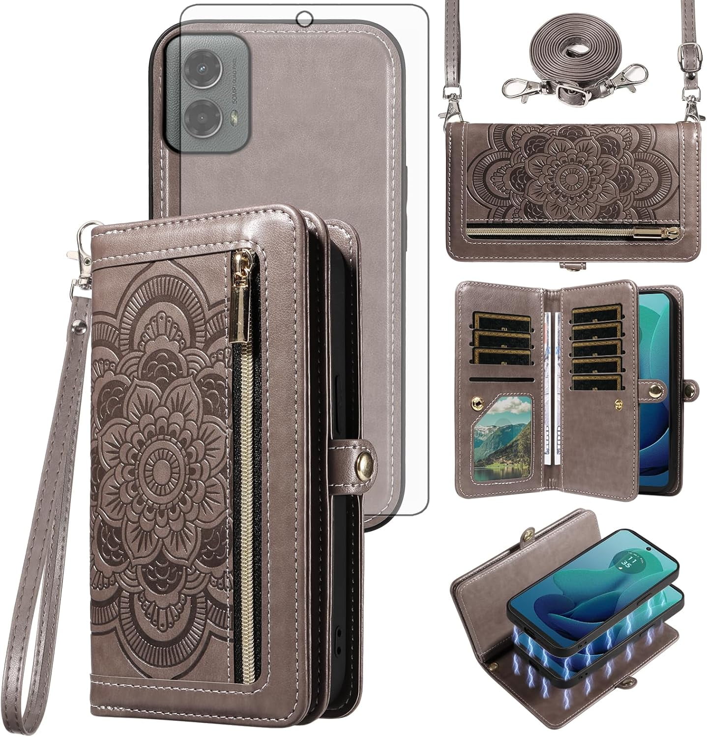 Phone Case for Samsung Galaxy S24 Plus/S25 Plus S24+ S25+ 5G Zipper Wallet Cell Cover with Screen Protector Strap Flower Flip Card Holder S24Plus 24S + S 24 24+ S25Plus 25S 25+ SM-S936U Women Gray