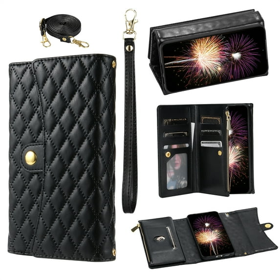 Phone Case for Samsung Galaxy S24 Plus Wallet Cover with Crossbody Strap and Wrist Strap, Card Slots Stand PU Leather Flip Magnetic Buckle Zipper Pocket for Galaxy S24 Plus Case Women Girls, Black