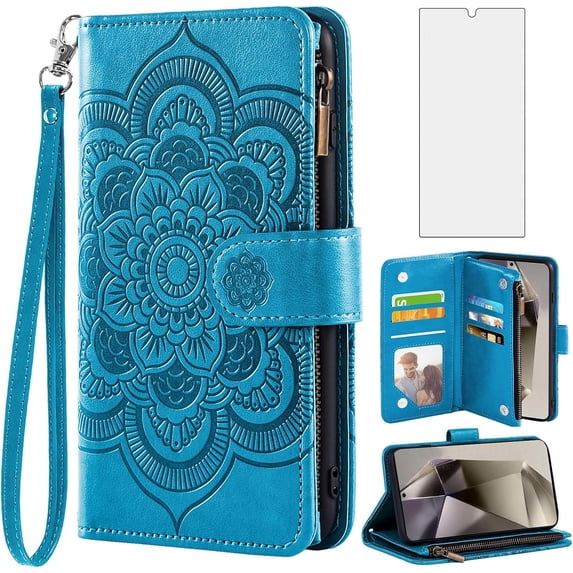 Phone Case for Samsung Galaxy S24 Ultra 5G Wallet Cover with Tempered Glass Screen Protector and Flower Flip Credit Card Holder Stand Cell Accessories S24Ultra 24S S 24 24Ultra Women Men Blue
