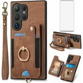thumbnail image 1 of Phone Case for Samsung Galaxy S24 Ultra 5G Wallet Cover with Tempered Glass Screen Protector and Wrist Strap Lanyard RFID Credit Card Holder Ring Stand Cell S24Ultra 24S S 24 24Ultra Women Men Brown, 1 of 13