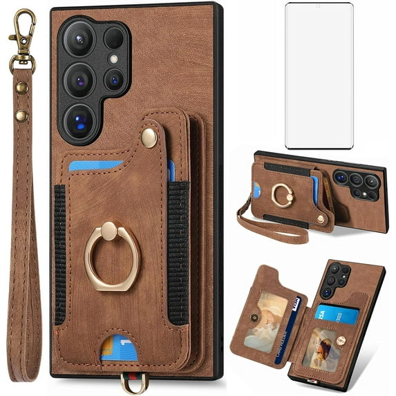 Phone Case for Samsung Galaxy S24 Ultra 5G Wallet Cover with Tempered Glass Screen Protector and Wrist Strap Lanyard RFID Credit Card Holder Ring Stand Cell S24Ultra 24S S 24 24Ultra Women Men Brown