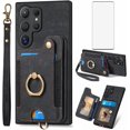 thumbnail image 1 of Phone Case for Samsung Galaxy S24 Ultra 5G Wallet Cover with Tempered Glass Screen Protector and Wrist Strap Lanyard RFID Credit Card Holder Ring Stand Cell S24Ultra 24S S 24 24Ultra Women Men Black, 1 of 14