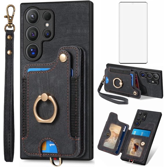 Phone Case for Samsung Galaxy S24 Ultra 5G Wallet Cover with Tempered Glass Screen Protector and Wrist Strap Lanyard RFID Credit Card Holder Ring Stand Cell S24Ultra 24S S 24 24Ultra Women Men Black