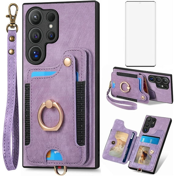 Phone Case for Samsung Galaxy S24 Ultra 5G Wallet Cover with Tempered Glass Screen Protector and Wrist Strap Lanyard RFID Credit Card Holder Ring Stand Cell S24Ultra 24S S 24 24Ultra Women Men Purple