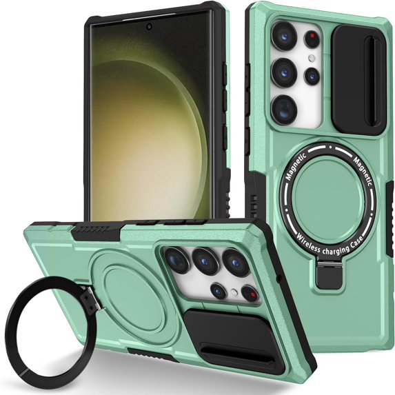 Phone Case for Samsung Galaxy S24 Ultra Case Magnetic with Stand Black Fits Wireless Charger, Samsung S24 Ultra Case with Camera Lens Protector Cover Shockproof (Green)