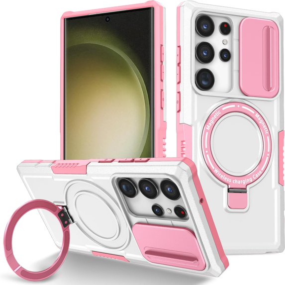 Phone Case for Samsung Galaxy S24 Ultra Case Magnetic with Stand Black Fits Wireless Charger, Samsung S24 Ultra Case with Camera Lens Protector Cover Shockproof (Pink White)