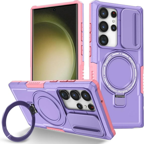 Phone Case for Samsung Galaxy S24 Ultra Case Magnetic with Stand Black Fits Wireless Charger, Samsung S24 Ultra Case with Camera Lens Protector Cover Shockproof (Purple)