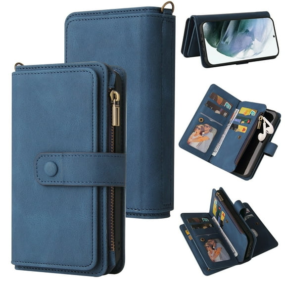 Phone Case for Samsung Galaxy S24 Ultra, S24 Ultra Wallet Case, Luxury Folio Flip Leather Cover [Zipper Pocket] [Wrist Strap] [Kickstand] for Samsung Galaxy S24 Ultra, Blue