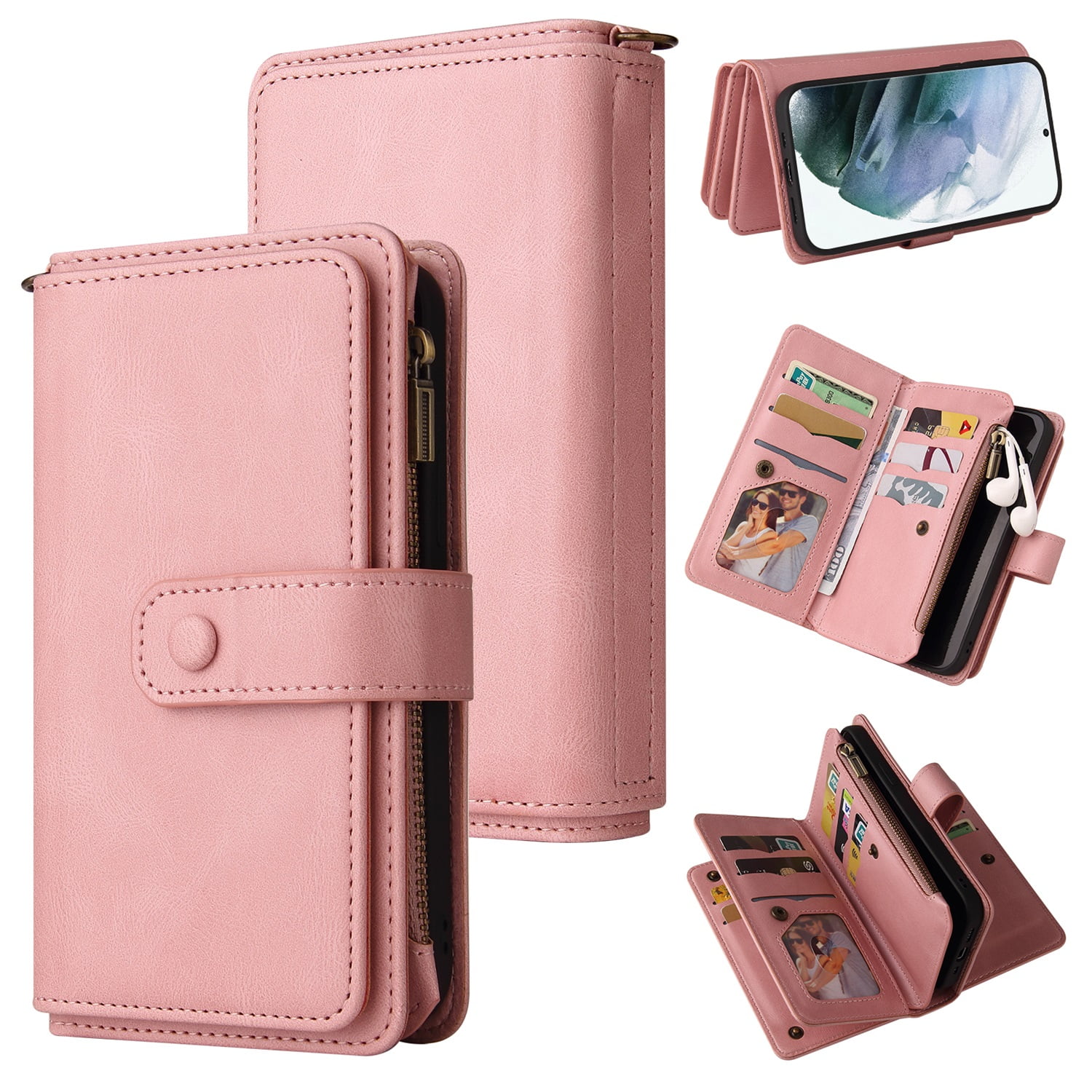 Phone Case for Samsung Galaxy S24 Ultra, S24 Ultra Wallet Case, Luxury Folio Flip Leather Cover [Zipper Pocket] [Wrist Strap] [Kickstand] for Samsung Galaxy S24 Ultra, Pink