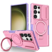 Phone Case for Samsung Galaxy S24 Ultra with Sliding Camera Cover, Hand Grip Anti Slip Design Kickstand Ring Holder Hybrid Magnetic Wireless Charging Phone Cover for S24 Ultra - Pink