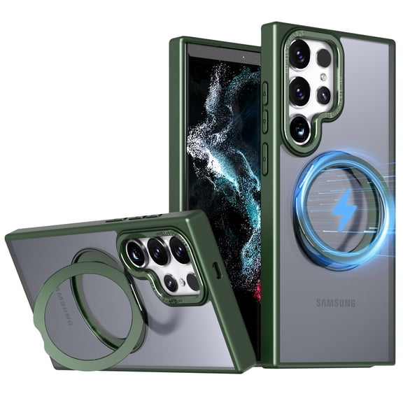 Phone Case for Samsung Galaxy S24 Ultra Strengthened Magnetic Ring Stand Translucent Back Cover Compatible with Magsafe, Military-Grade Shockproof Anti-fall Protection Case for Men Women,Green