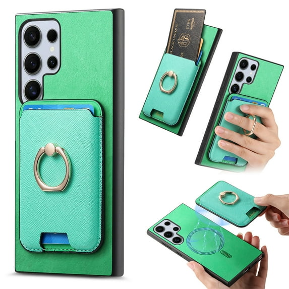 Phone Case for Samsung Galaxy S24 Ultra, Ultra Slim Phone Grip Ring Stand PU Leather Detachable Magnetic Credit Card Holder Drop Protective Case Cover Compatible with Samsung Galaxy S24 Ultra, Green