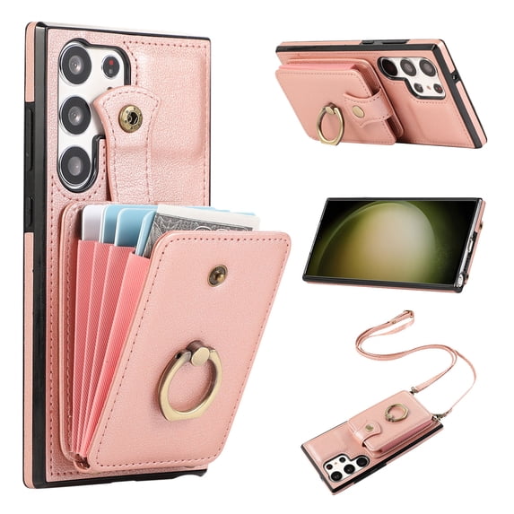 Phone Case for Samsung Galaxy S24 Ultra Wallet Cell Cover with Crossbody Strap, Ring Stand RFID Blocking Credit Card Holder Shockproof Drop Protective Case for Galaxy S24 Ultra Women Girls, Rosegold