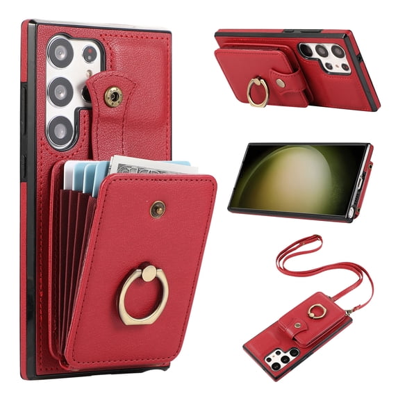 Phone Case for Samsung Galaxy S24 Ultra Wallet Cell Cover with Crossbody Strap, Ring Stand RFID Blocking Credit Card Holder Shockproof Drop Protective Case for Galaxy S24 Ultra Women Girls, Red