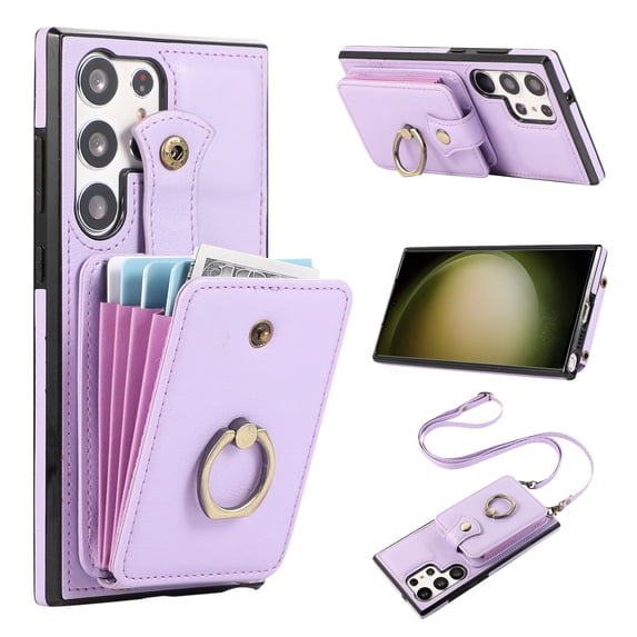 Phone Case for Samsung Galaxy S24 Ultra Wallet Cell Cover with Crossbody Strap, Ring Stand RFID Blocking Credit Card Holder Shockproof Drop Protective Case for Galaxy S24 Ultra Women Girls, Purple