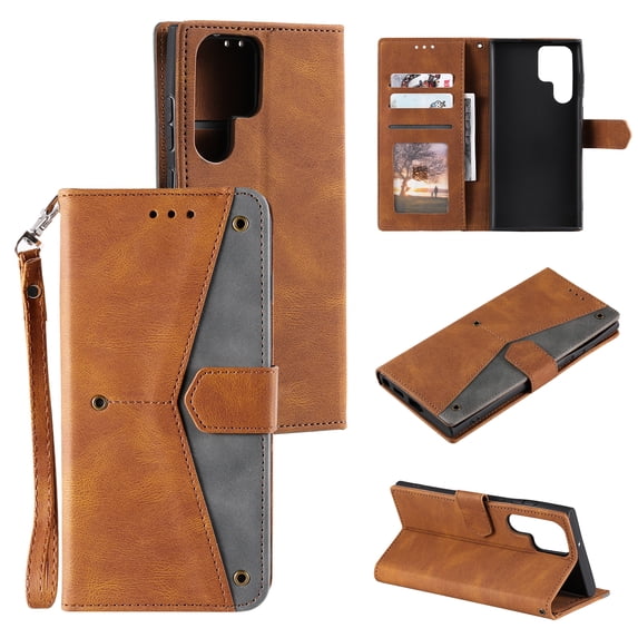 Phone Case for Samsung Galaxy S24 Ultra Wallet Cover with Wrist Strap, Splicing PU Leather Flip Case Card Holder Slots Kickstand Magnetic Closure for Women Men for Samsung Galaxy S24 Ultra, Brown