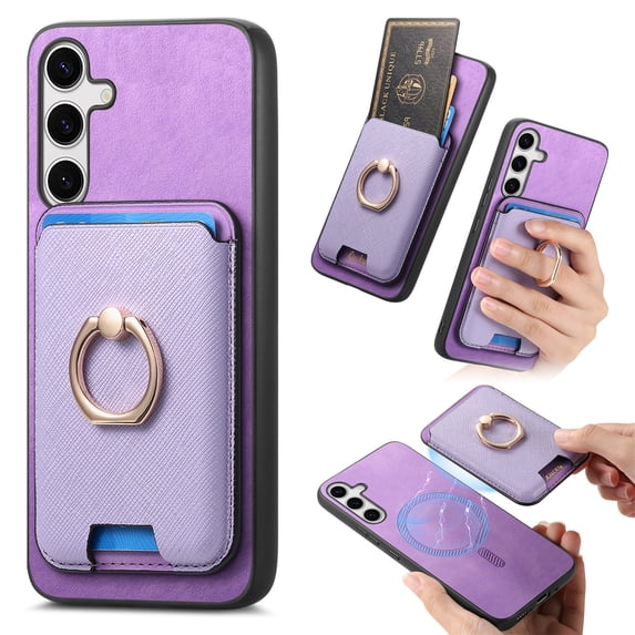 Phone Case for Samsung Galaxy S25, Detachable Magnetic Card Bag, Ring Kickstand, PU Leather + TPU Material, Ultra Slim Shockproof Drop Protective Back Cover for Galaxy S25, Purple