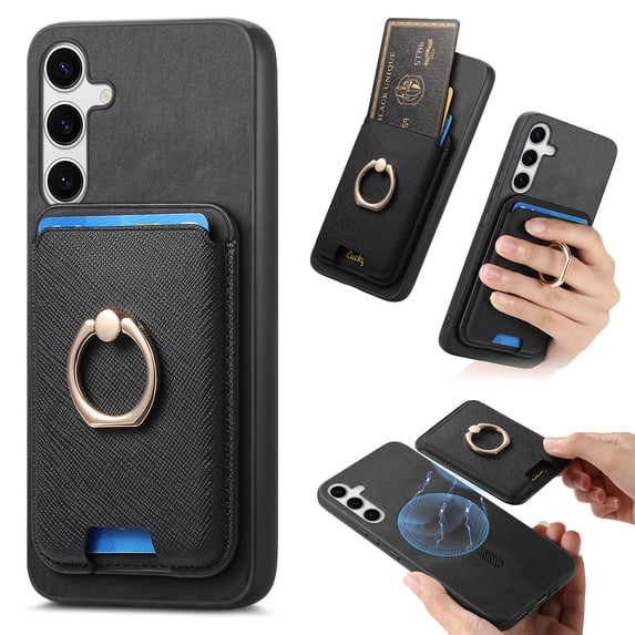 Phone Case for Samsung Galaxy S25, Detachable Magnetic Card Bag, Ring Kickstand, PU Leather + TPU Material, Ultra Slim Shockproof Drop Protective Back Cover for Galaxy S25, Black