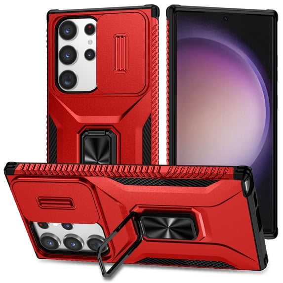 Phone Case for Samsung Galaxy S25 Edge Case with Sliding Camera Cover, with 360° + 100° Free Rotation Metal Finger Ring Bracket, Fit Magnet Car Mount, 2 In 1 Case Cover for Galaxy S25 Edge, Red