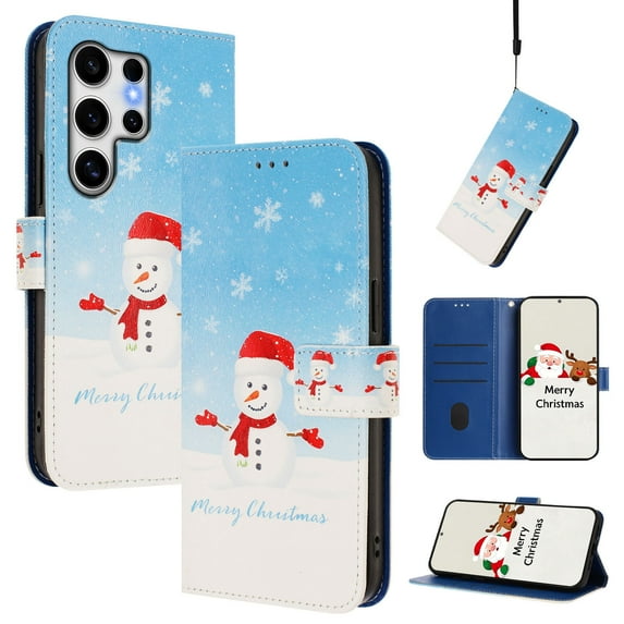 Phone Case for Samsung Galaxy S25 FE, Luxury Christmas Pattern Card Slots Cash Pocket Magnetic Clasp Full Body Protection Shockproof Kickstand Wallet Flip Case with Wrist Strap for S25 FE, B