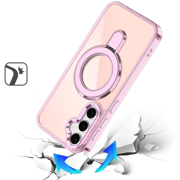 Phone Case for Samsung Galaxy S25 FE, S25 Fan Edition Chrome Magnetic Ring Stand Rotational Shockproof Hybrid Kickstand Metal Finish Rugged Drop Protection Armor Cover Pink